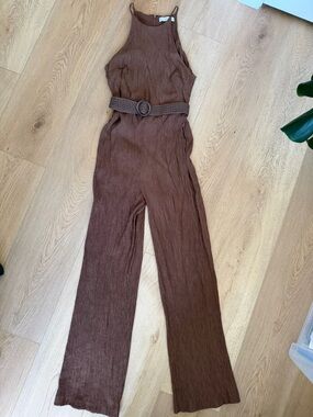 Mango Brown Textured Sleeveless Jumpsuit with Woven Belt